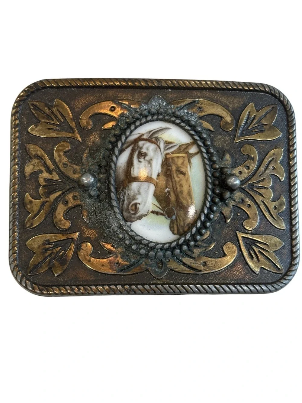 Vintage porcelain horse cameo  Western Belt Buckle brass Tone Unisex equestrian